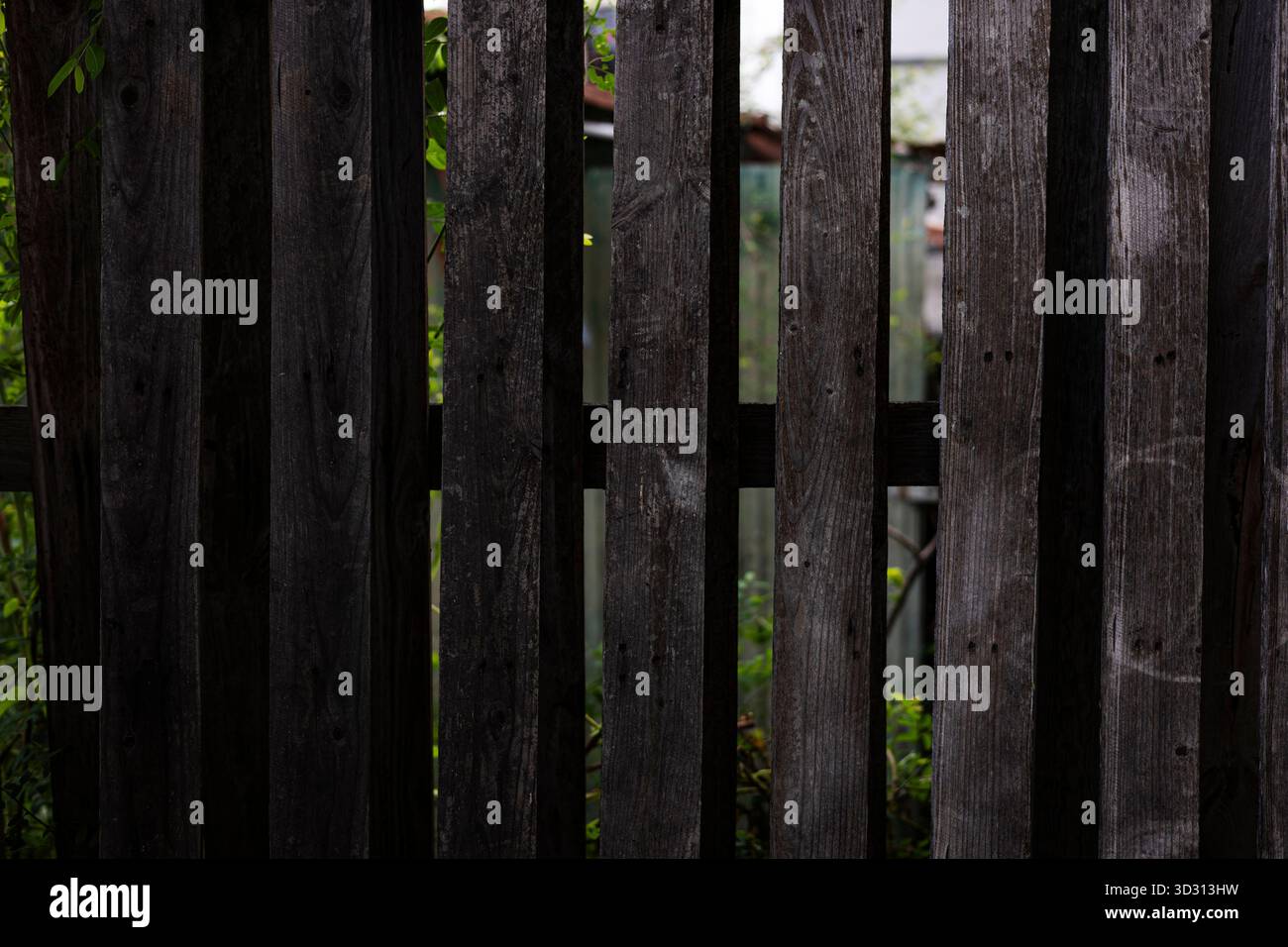 Muro di recinzione di blocco del sole in legno, Una foto rustica di un muro di recinzione di protezione del sole in legno, tavole calde che gettano ombre morbide, perfetto per una campagna di giardinaggio Foto Stock