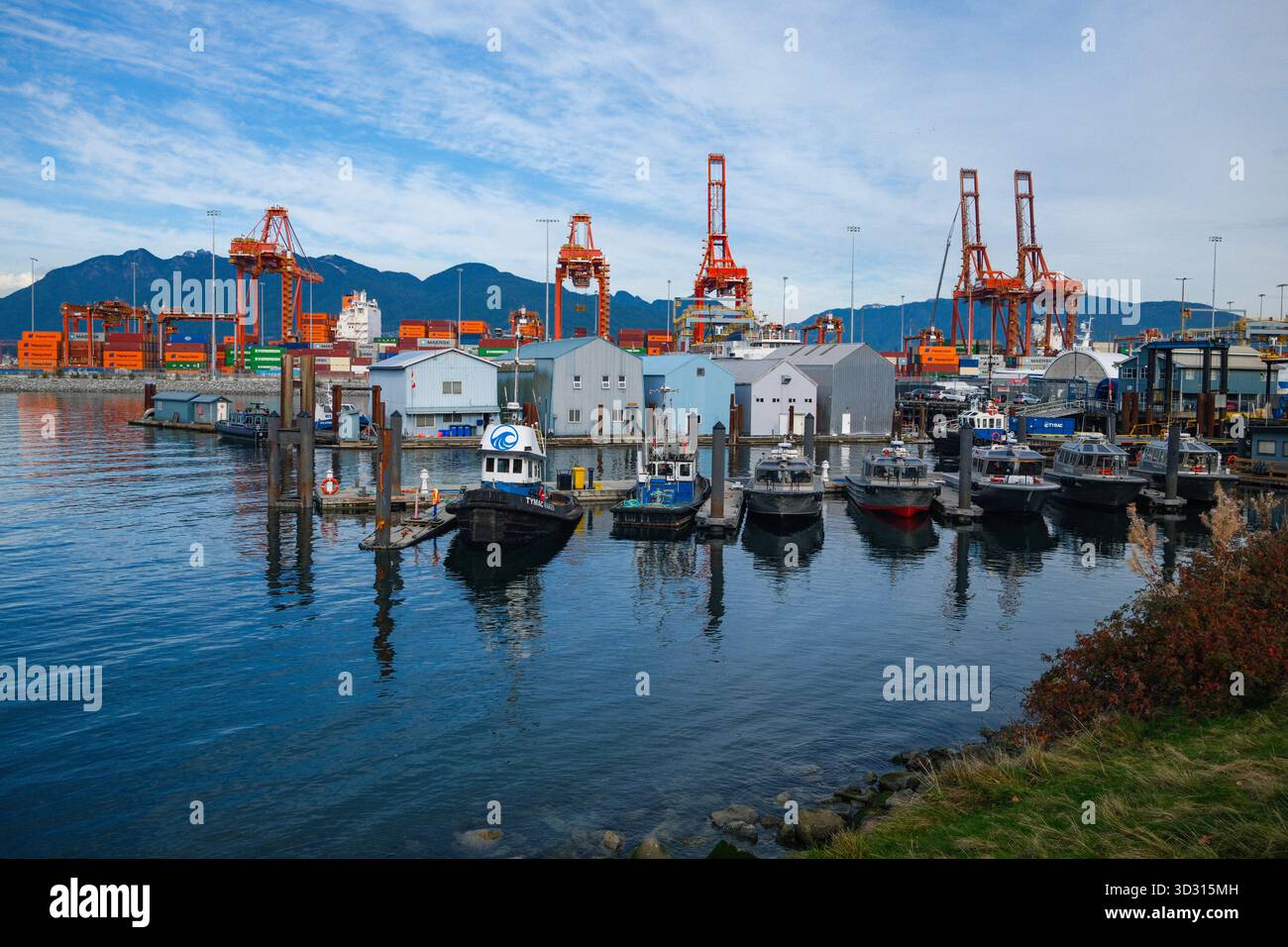 Un porticciolo vicino al porto di Vancouver nel Burrard Inlet con le North Shore Mountains alle spalle, Vancouver, BC. Foto Stock