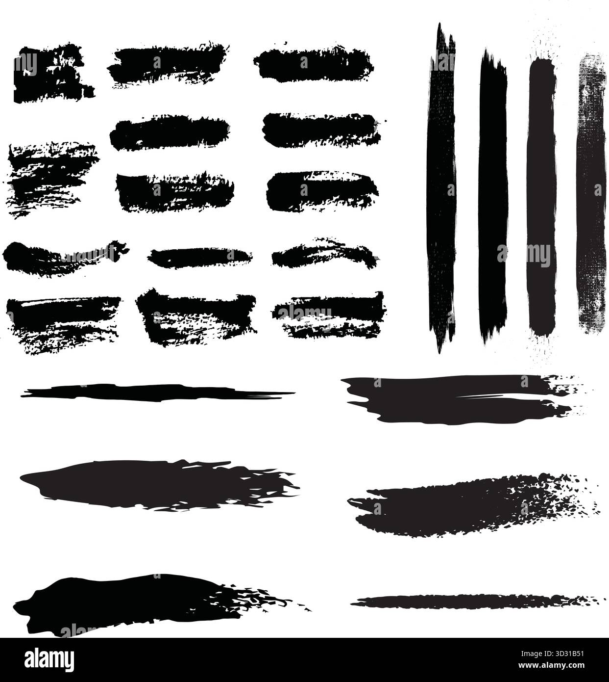 Set traccia pennello Grunge astratto: Spruzzi di inchiostro vettoriale, segni ruvidi del pennello, sbavature di acquerelli, linee di marcatori grassetto e strisce di carbone per dinamica Illustrazione Vettoriale