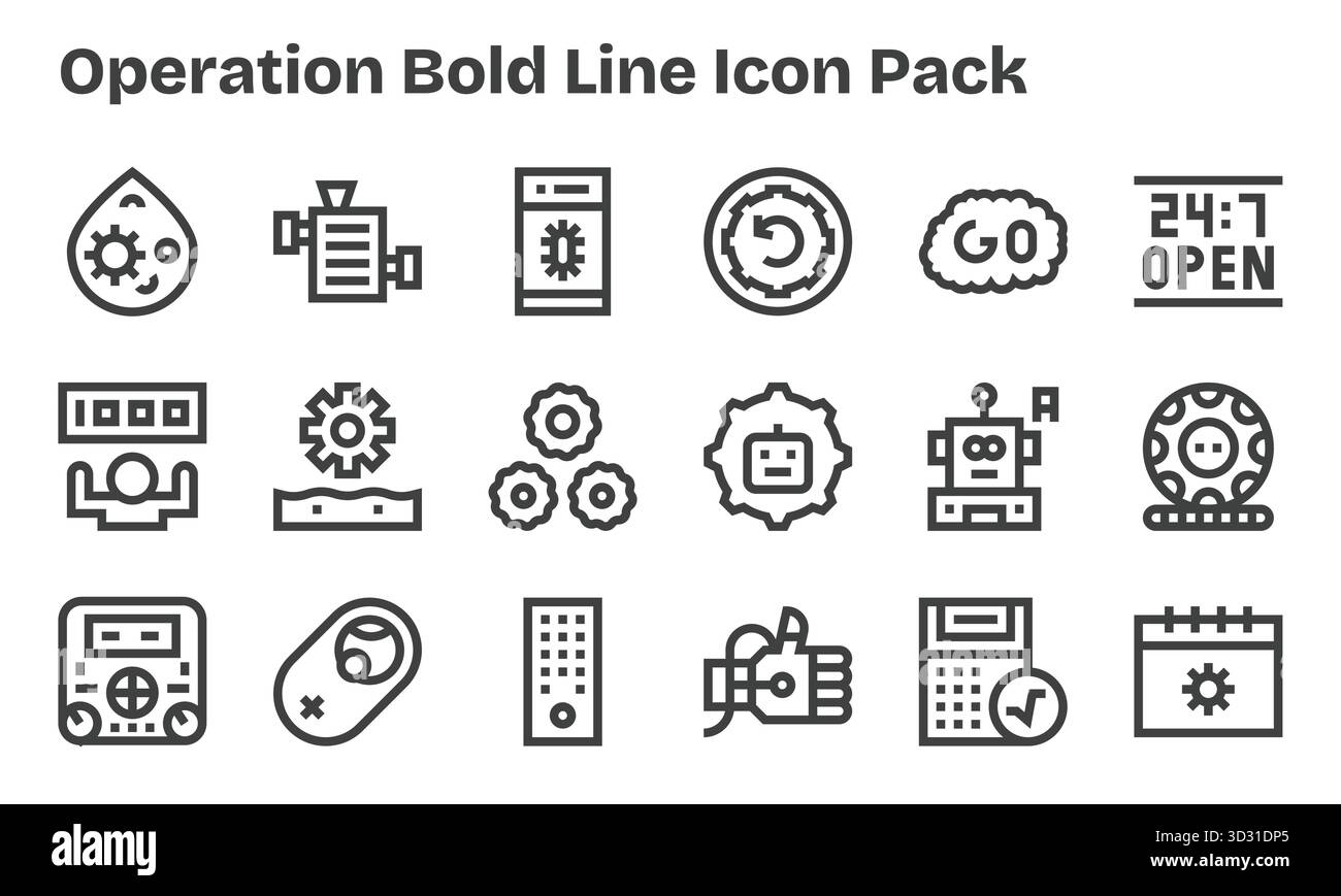 Set di 18 icone in stile Bold Line incentrate sul funzionamento, create per un'integrazione perfetta in app e siti Web. Illustrazione Vettoriale