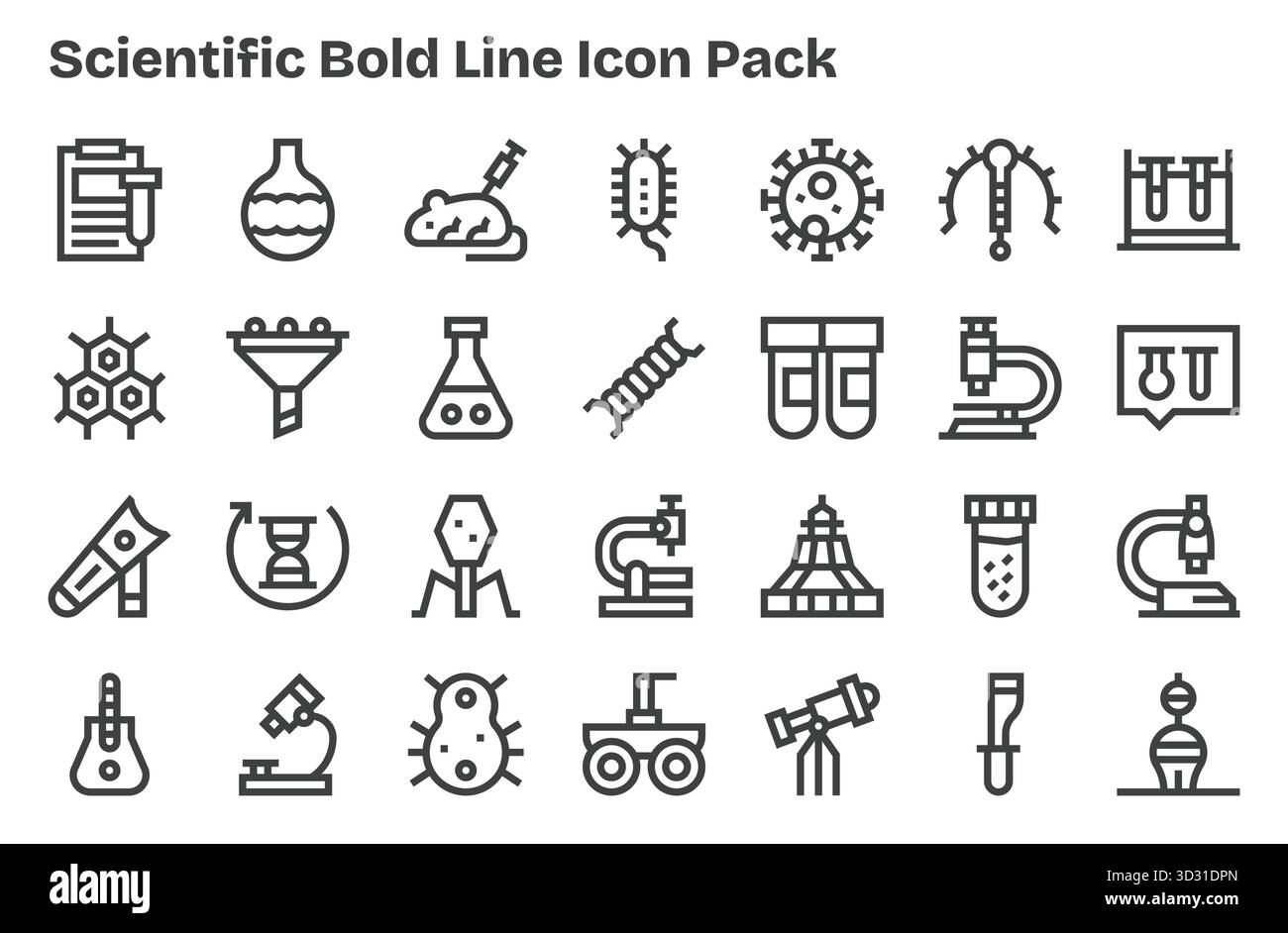 Esplora 28 icone vettoriali in stile Extra Bold Line ispirate a Scientific. Perfetto per interfacce Web e app. Illustrazione Vettoriale