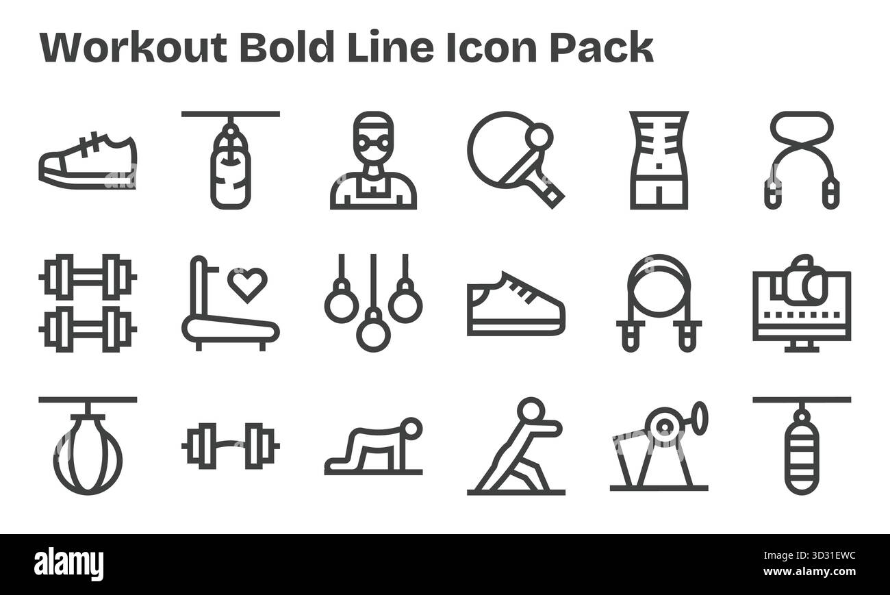 Scarica 18 icone Bold Line scalabili progettate per l'allenamento, adatte per progetti professionali e creativi. Illustrazione Vettoriale
