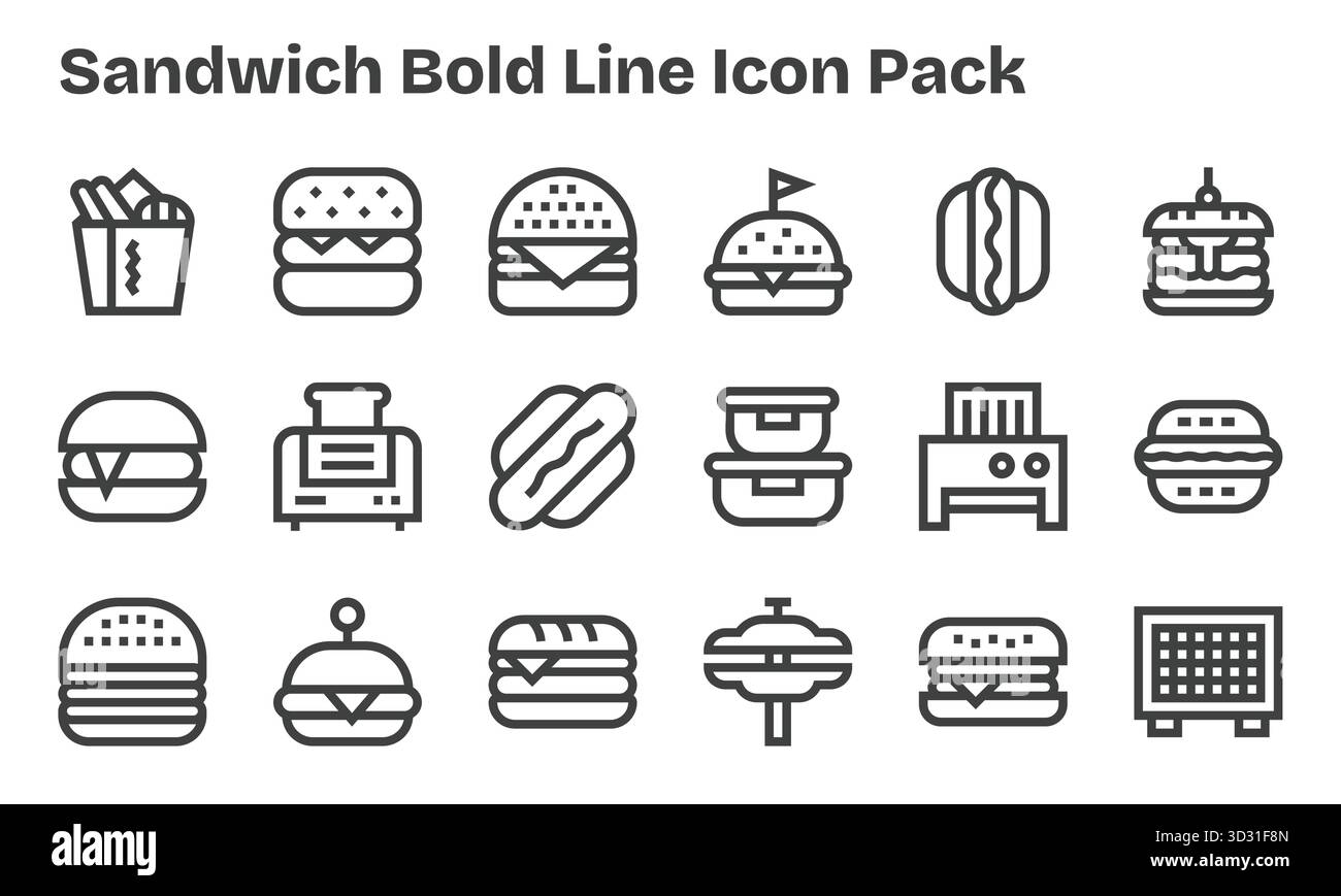 Collezione di 18 icone vettoriali in stile Bold Line per Sandwich, progettate per offrire chiarezza e versatilità. Illustrazione Vettoriale