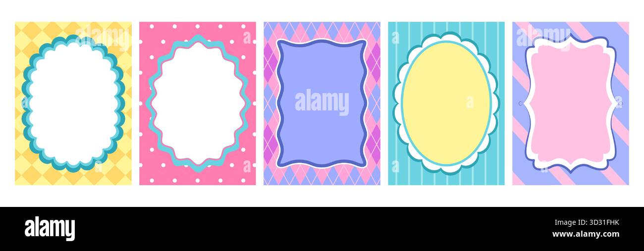 Cornici capesante con bordi ondulati e bordi decorativi su sfondi colorati a motivi geometrici - quadretti gialli, pois rosa, argilla viola, strisce turchesi e disegni a onde blu per biglietti d'invito Illustrazione Vettoriale
