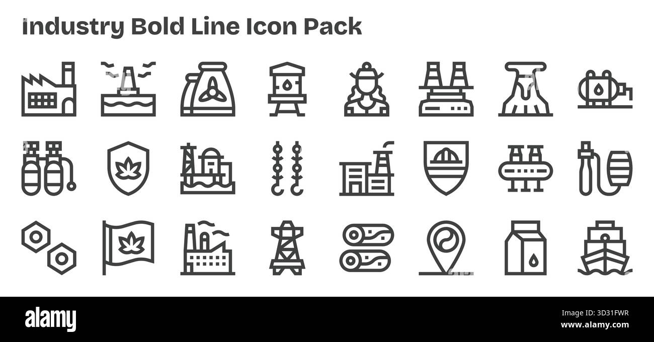 Collezione di 24 icone vettoriali in stile Bold Outline per il settore, progettate per offrire chiarezza e versatilità. Illustrazione Vettoriale