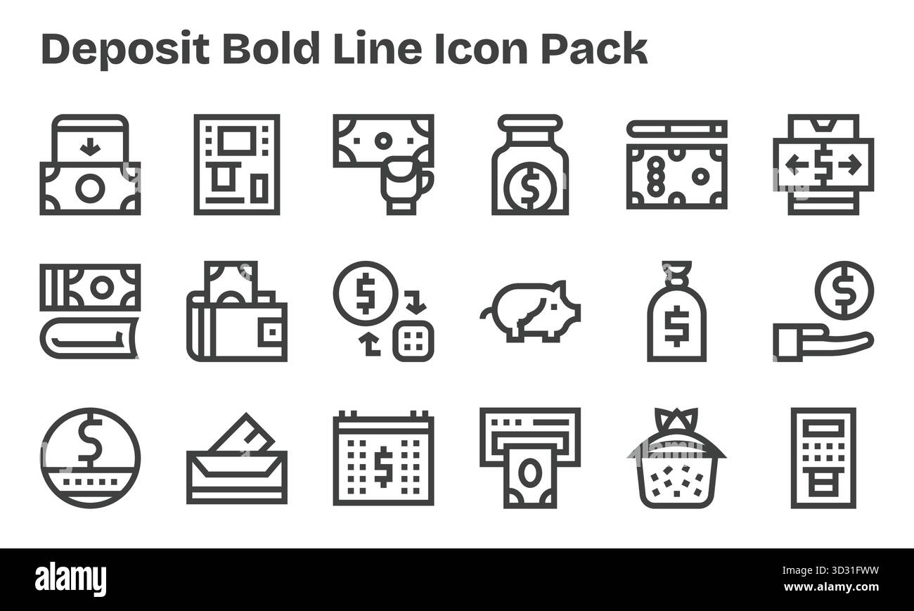 18 icone progettate in modo professionale in stile Bold Line, che catturano l'essenza di Deposit per la progettazione dell'interfaccia utente. Illustrazione Vettoriale