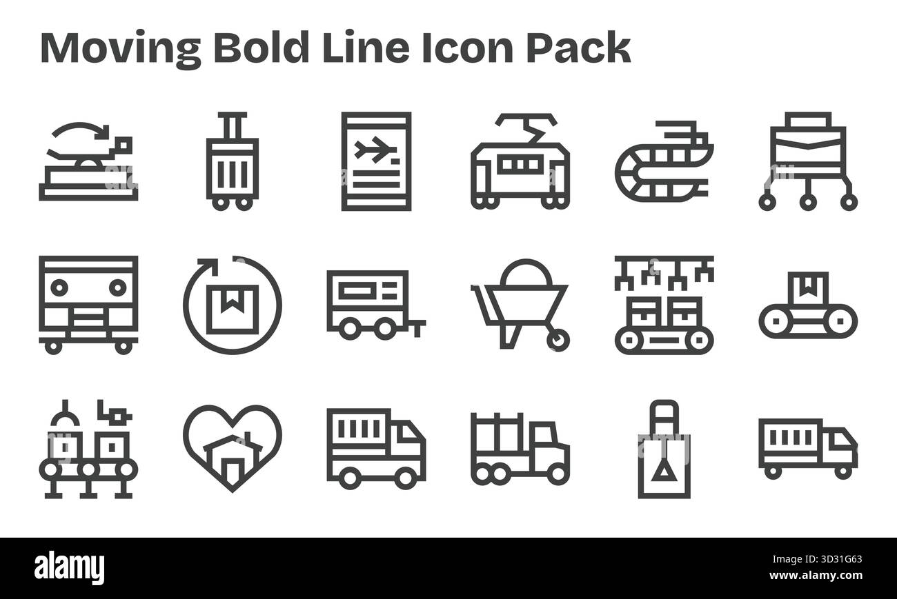 Un set versatile di 18 icone vettoriali Bold Line incentrate sullo spostamento, ideale per applicazioni mobili e Web. Illustrazione Vettoriale