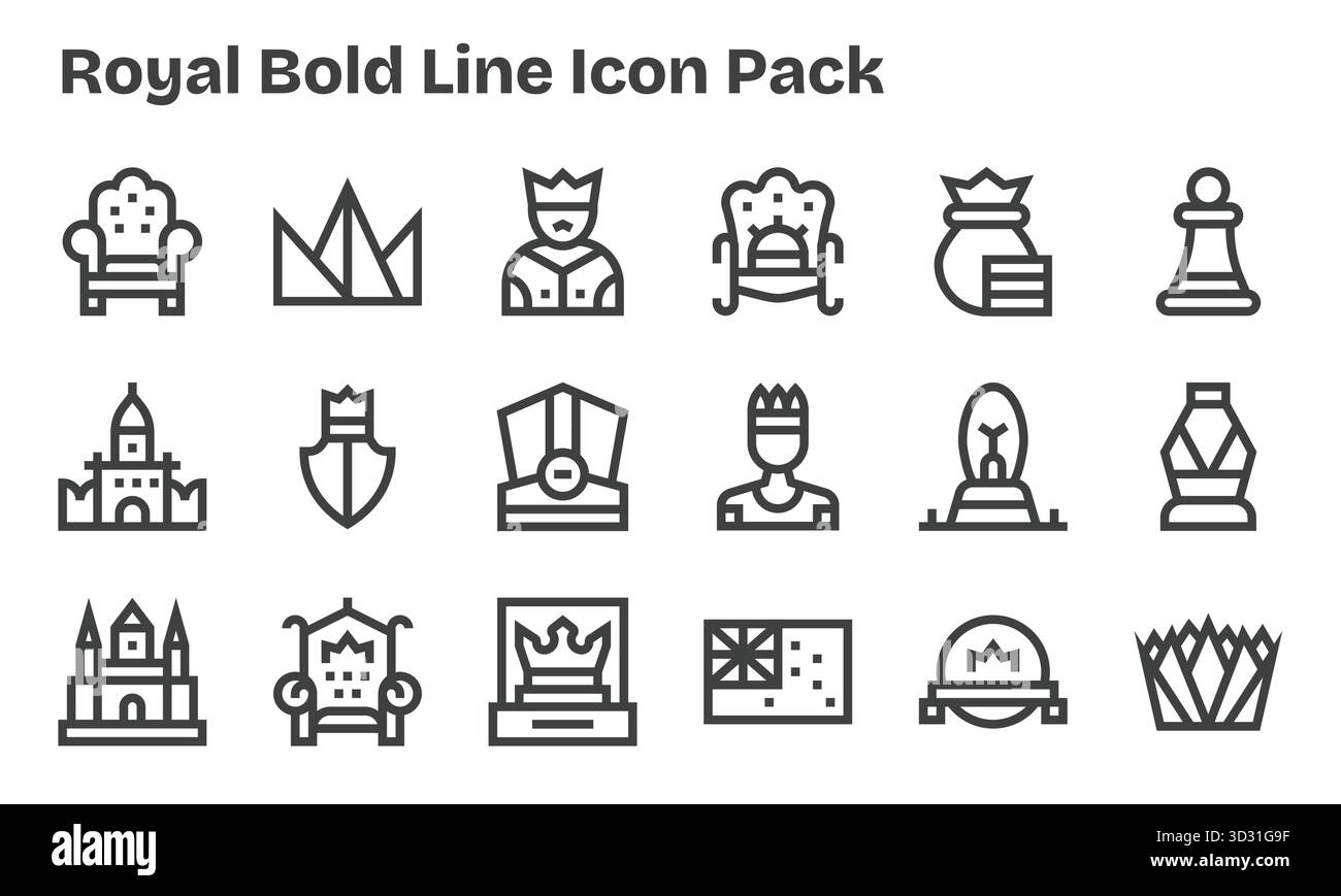 Confezione curata di 18 icone vettoriali nel design Bold Line, incentrata su Royal Concepts. Illustrazione Vettoriale