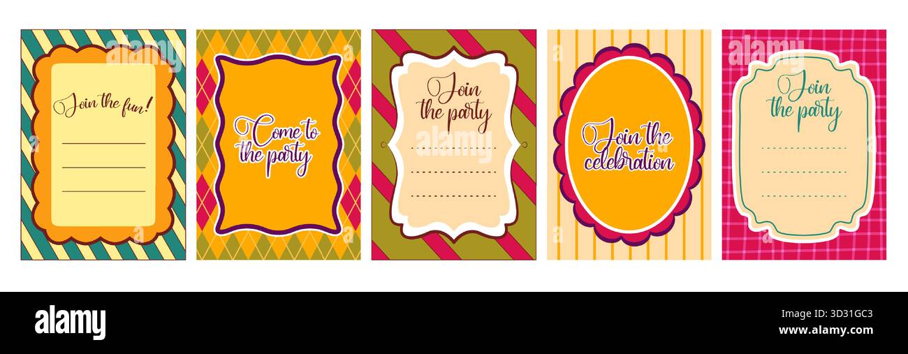 Modelli di invito con bordi ovali e rettangolari ondulati di capesante e cornici decorative su sfondi a motivi geometrici. Biglietti per feste con caselle di testo per inviti per messaggi personalizzati o dettagli dell'evento. Illustrazione Vettoriale