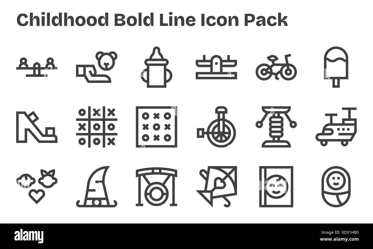 Confezione curata di 18 icone vettoriali nel design Bold Line, incentrata sui concetti dell'infanzia. Illustrazione Vettoriale