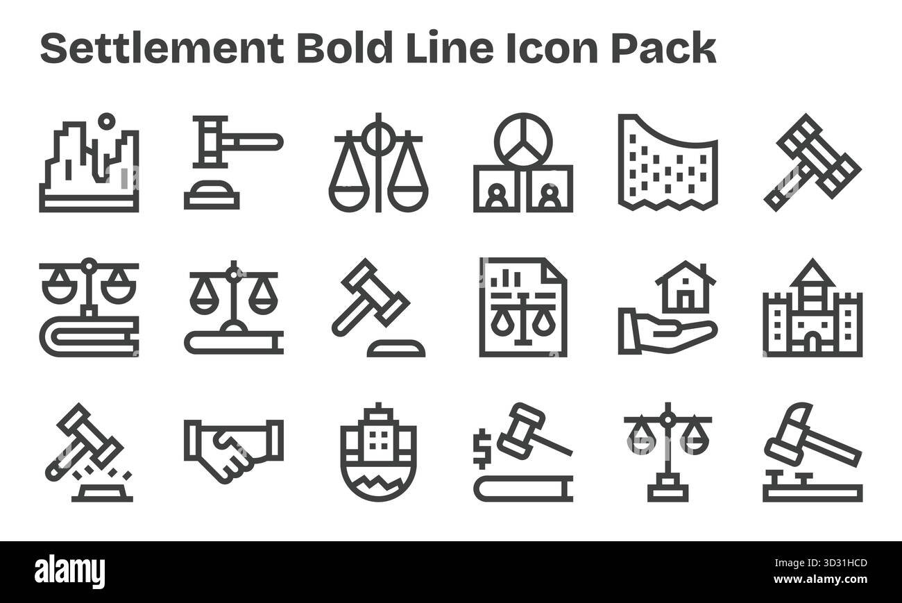 Questa collezione presenta 18 icone in stile Bold Line pensate per il tema Settlement, perfette per il design digitale. Illustrazione Vettoriale