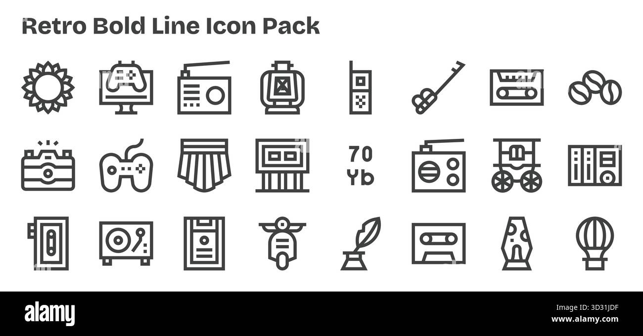 Questa collezione presenta 24 icone in stile Bold Outline pensate per il tema retro, perfette per il design digitale. Illustrazione Vettoriale