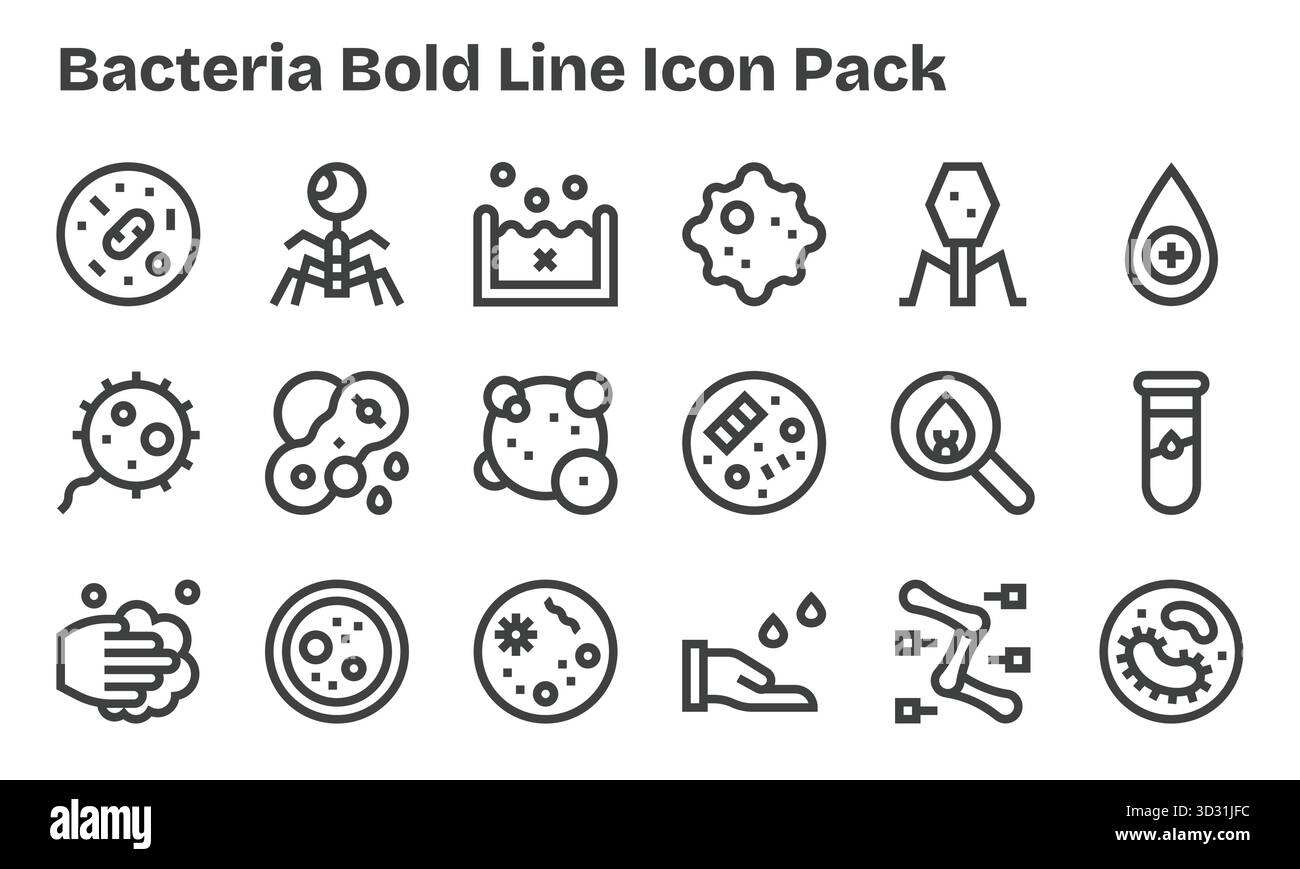 Un set dinamico di 18 icone in stile Bold Line, studiate per i batteri e adatte per i prodotti digitali. Illustrazione Vettoriale