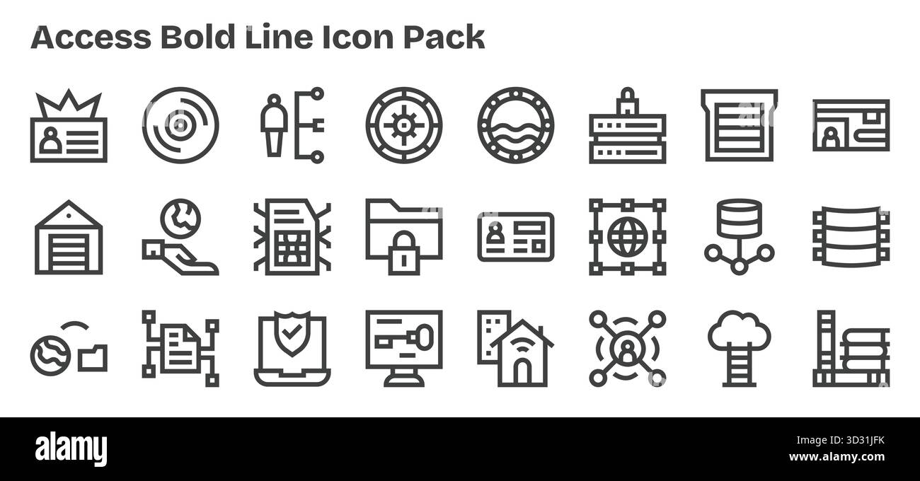Una raccolta pulita di 24 icone Bold Outline che rappresentano Access, progettate per dashboard e interfacce moderne. Illustrazione Vettoriale
