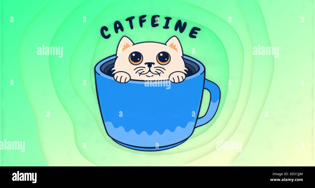 Sbirciare il gatto color panna dalla tazza di caffè blu su anelli verdi gialli, con testo CATFEINE Foto Stock