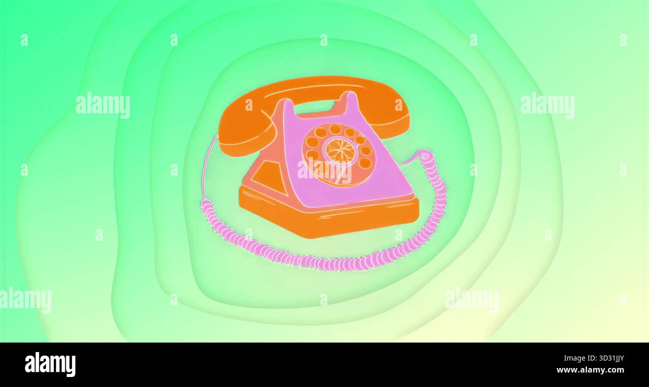 Visualizzazione dell'icona arancione del telefono rotante retro che galleggia nella grafica astratta digitale, con cavo a spirale Foto Stock