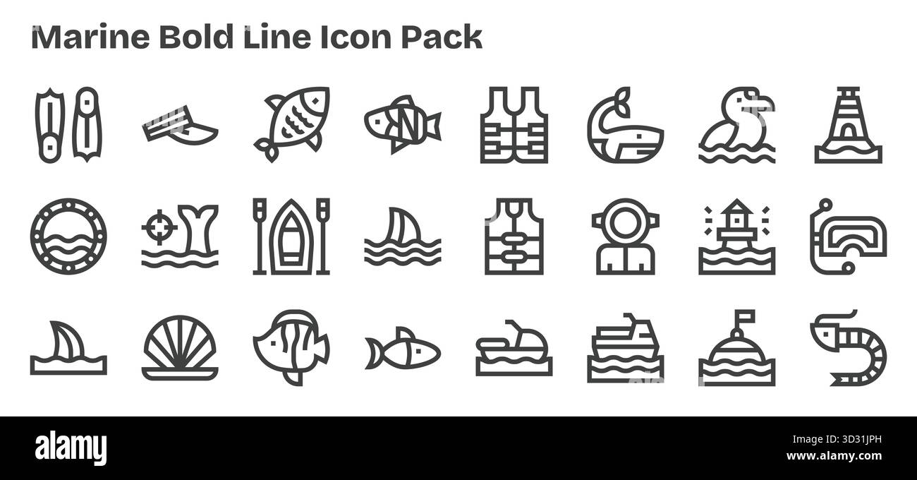 Questo pacchetto di icone Marine include 24 vettori sagomati, perfetti per migliorare le interfacce digitali. Illustrazione Vettoriale
