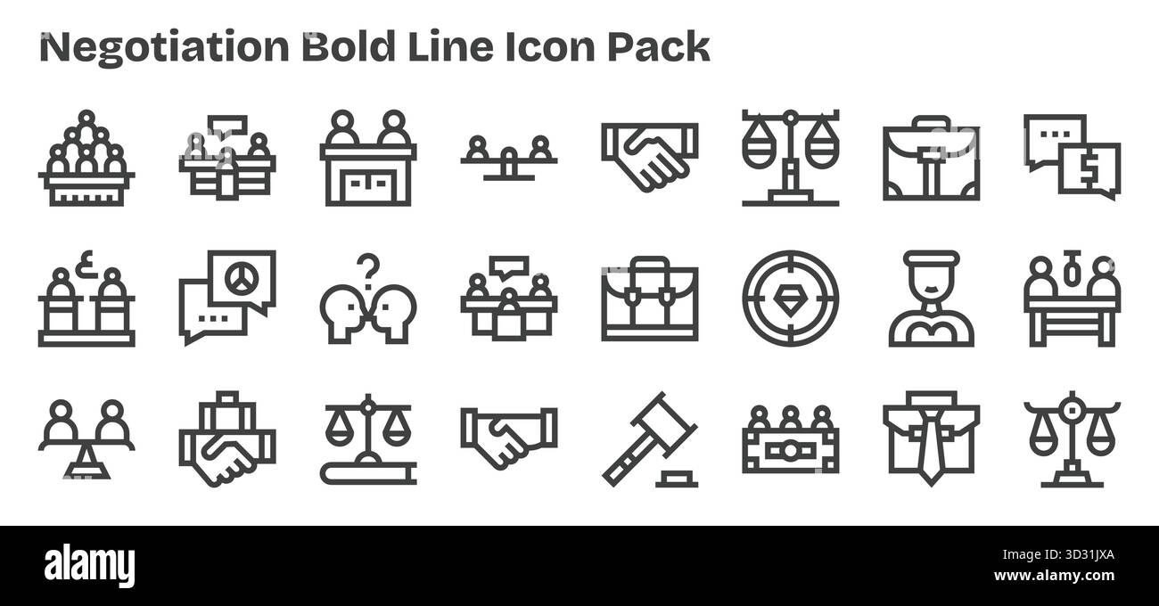 Questa collezione presenta 24 icone in stile Bold Outline personalizzate in base al tema di negoziazione, perfette per il design digitale. Illustrazione Vettoriale