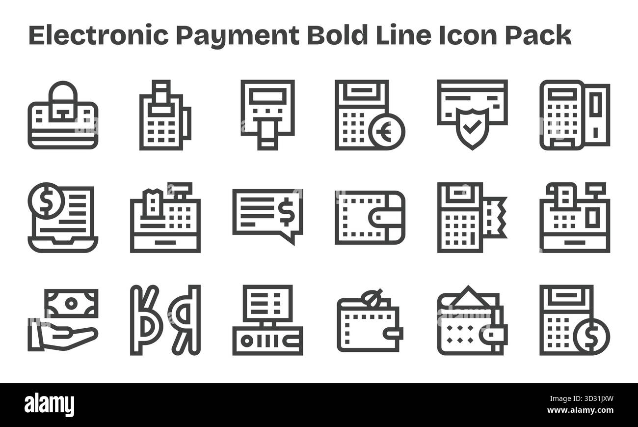 Un set dinamico di 18 icone in stile Bold Line, su misura per il pagamento elettronico e adatto per i prodotti digitali. Illustrazione Vettoriale