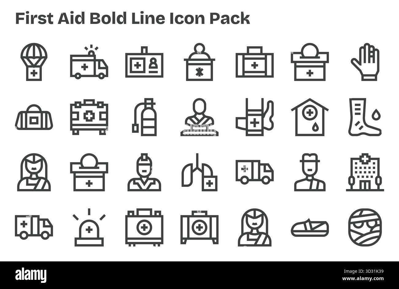 Una collezione pulita di 28 icone Extra Bold Line che rappresentano il primo soccorso, progettate per dashboard e interfacce moderne. Illustrazione Vettoriale