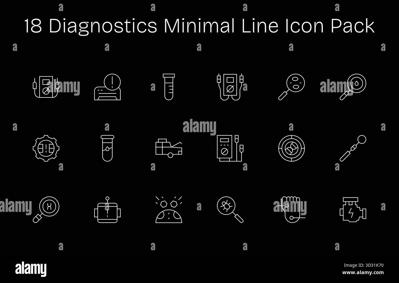 Pacchetto vettoriale con 18 icone Minimal Line ispirate alla diagnostica, ideale per lavori di progettazione scalabili e creativi. Illustrazione Vettoriale