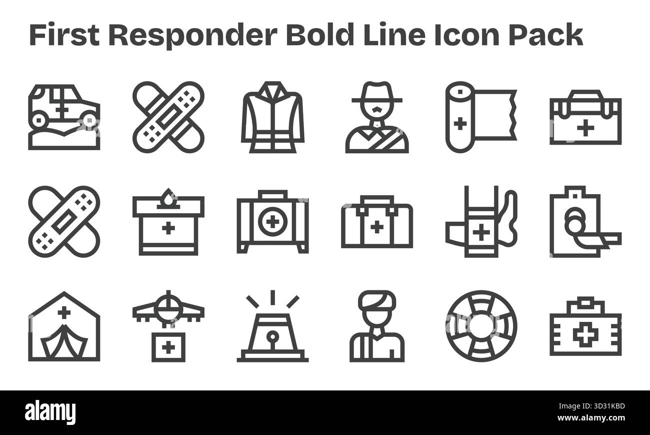 Migliora i tuoi progetti con 18 icone Bold Line incentrate sul primo soccorso, ideali per progetti puliti e professionali. Illustrazione Vettoriale