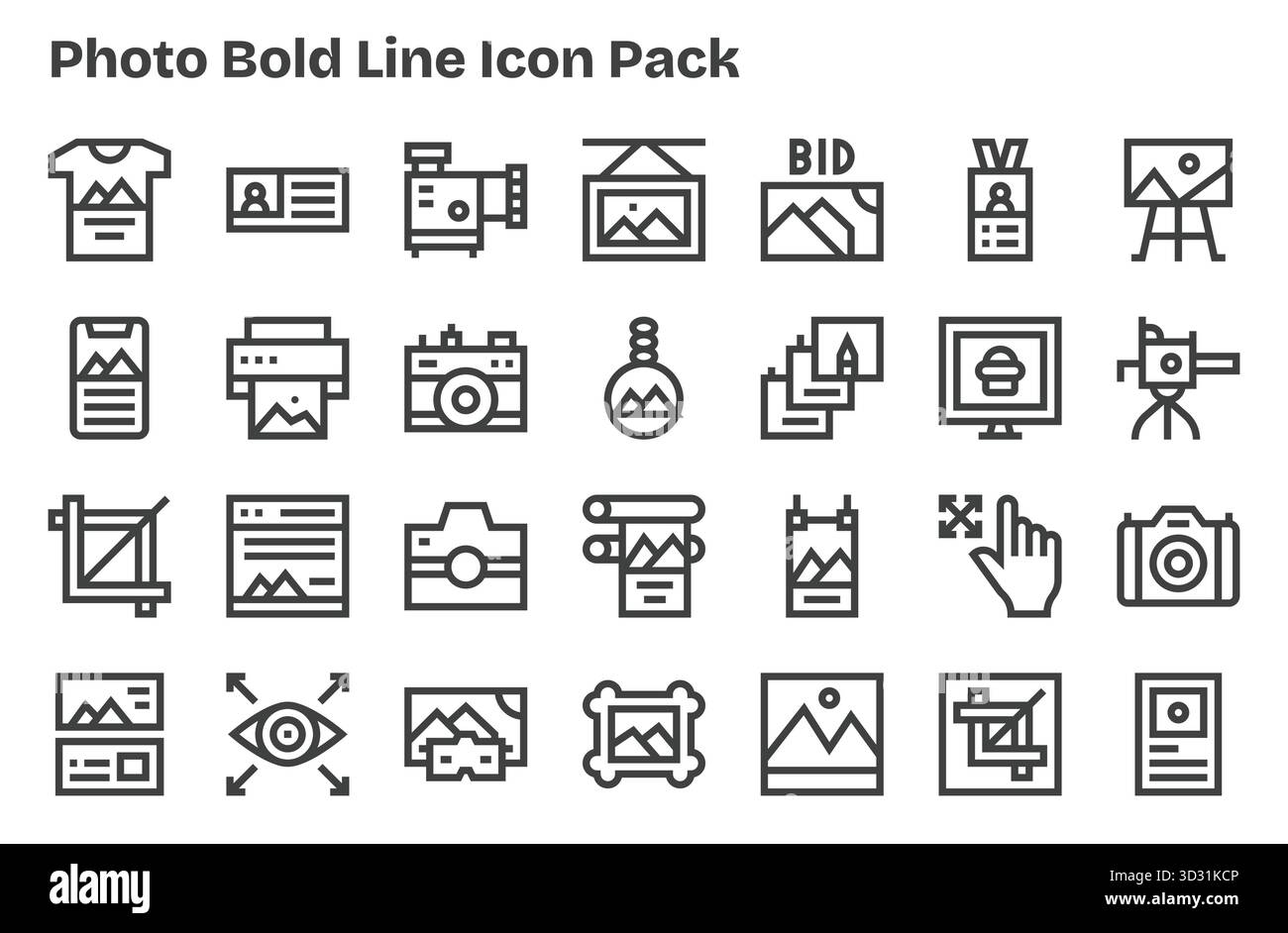 Questa collezione presenta 28 icone in stile Extra Bold Line pensate per il tema foto, perfette per il design digitale. Illustrazione Vettoriale