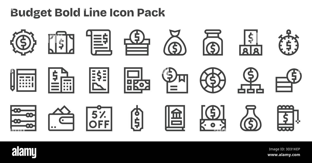 Un set dinamico di 24 icone in stile grassetto, pensato per il budget e adatto per i prodotti digitali. Illustrazione Vettoriale