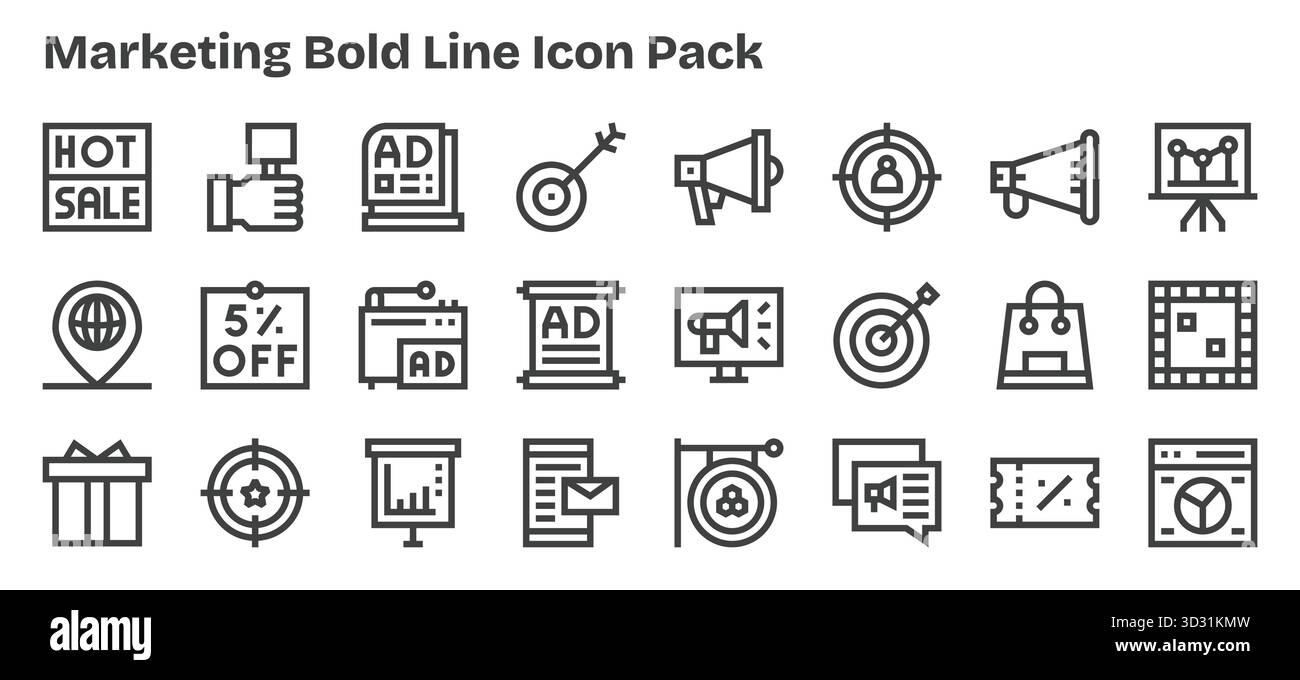Pacchetto vettoriale con 24 icone Bold Outline ispirate al marketing, ideale per lavori di progettazione scalabili e creativi. Illustrazione Vettoriale