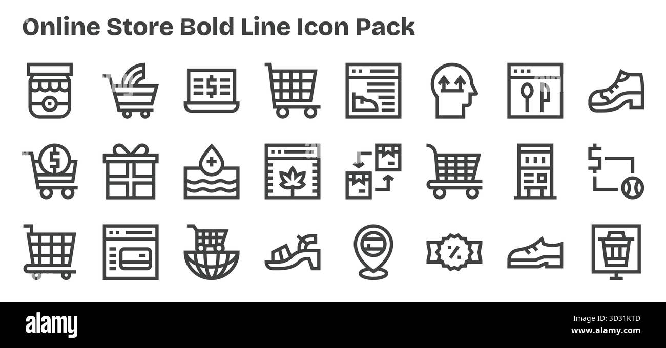 Set di 24 icone in grassetto ispirate al negozio online, create per un'integrazione perfetta in app e siti Web. Illustrazione Vettoriale