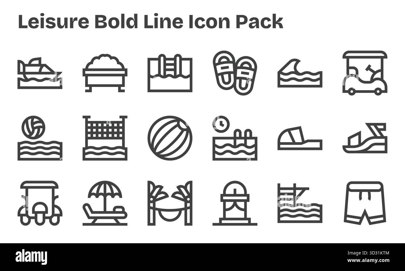 Questo set di 18 icone Bold Line cattura temi per il tempo libero, perfetti per applicazioni tecnologiche e aziendali. Illustrazione Vettoriale