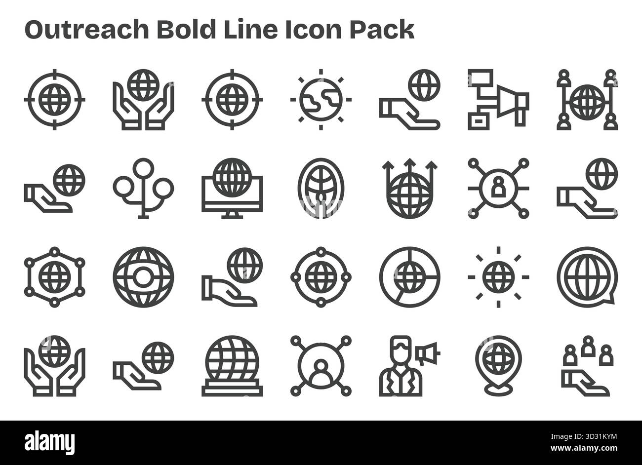 Un set dinamico di 28 icone in stile Extra Bold Line, studiate per Outreach e adatte per i prodotti digitali. Illustrazione Vettoriale