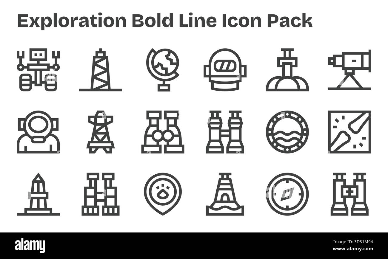 Una raccolta pulita di 18 icone Bold Line che rappresentano Exploration, progettata per dashboard e interfacce moderne. Illustrazione Vettoriale