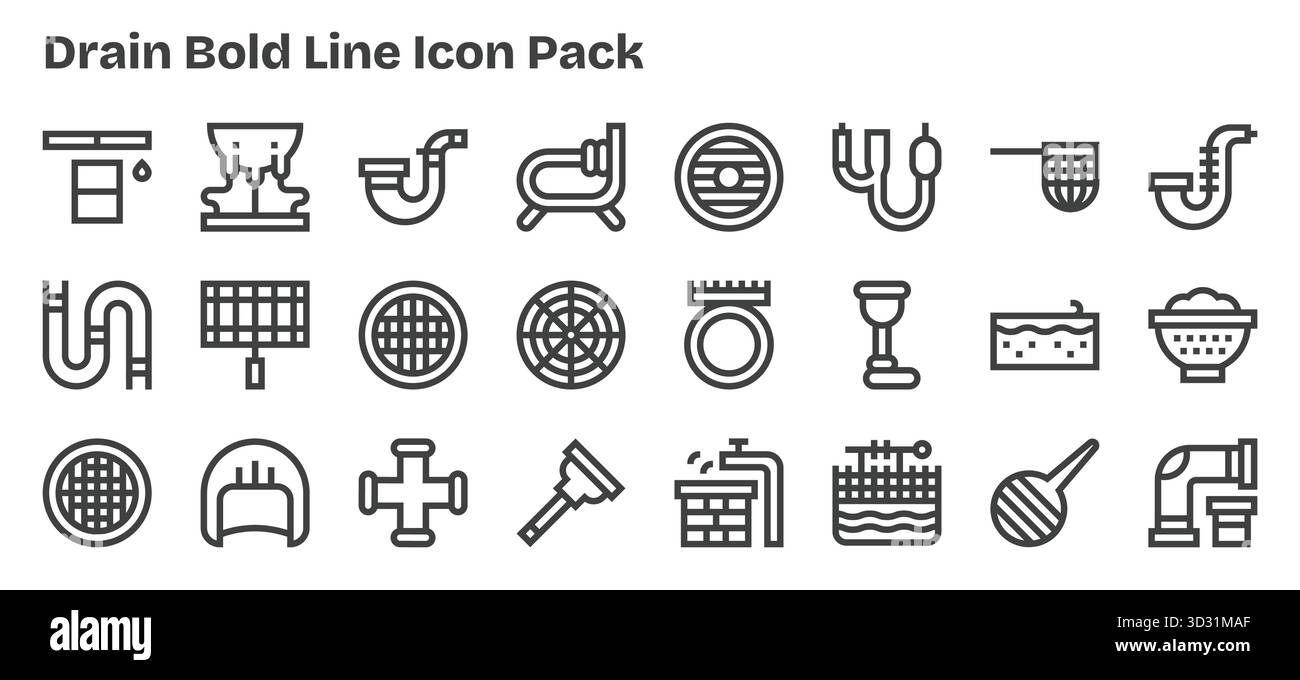 Scopri 24 icone vettoriali in stile sagomato ispirate a Drain. Perfetto per interfacce Web e app. Illustrazione Vettoriale
