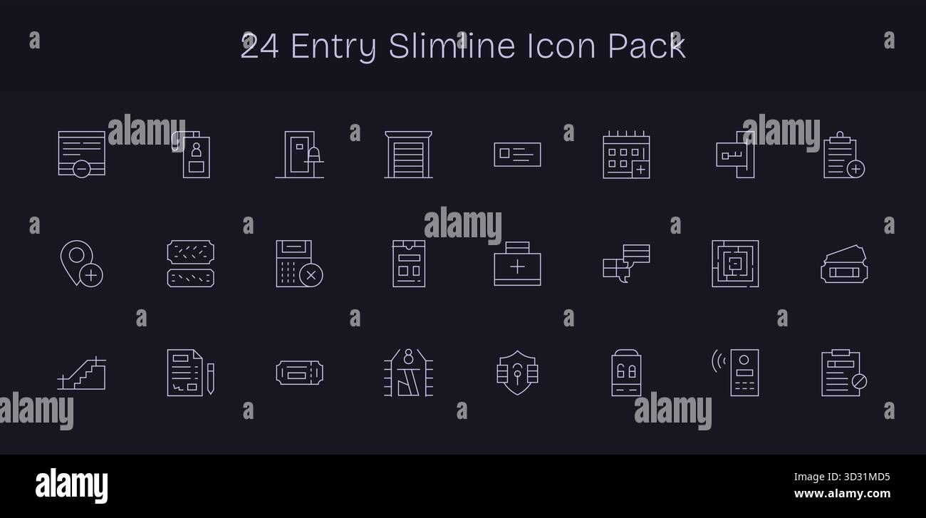 Scarica 24 icone Slim Line scalabili progettate per entry level, adatte per progetti professionali e creativi. Illustrazione Vettoriale