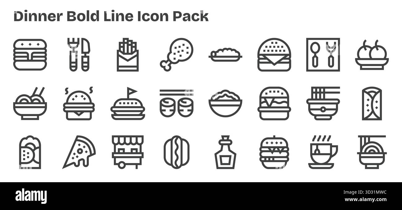 Collezione di 24 icone vettoriali in stile Bold Outline per cena, progettate per offrire chiarezza e versatilità. Illustrazione Vettoriale
