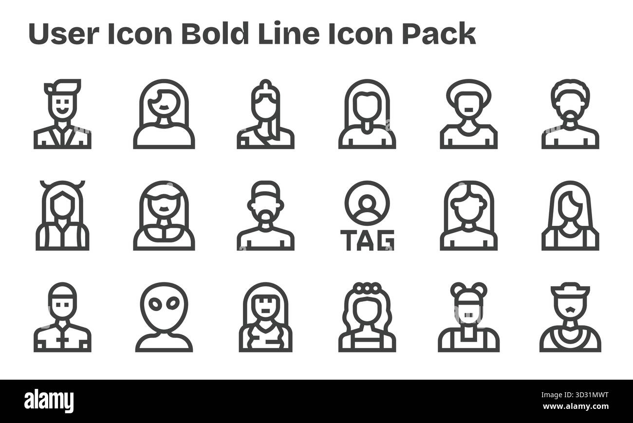 Migliora i tuoi progetti con 18 icone Bold Line incentrate sull'icona utente, ideale per progetti puliti e professionali. Illustrazione Vettoriale