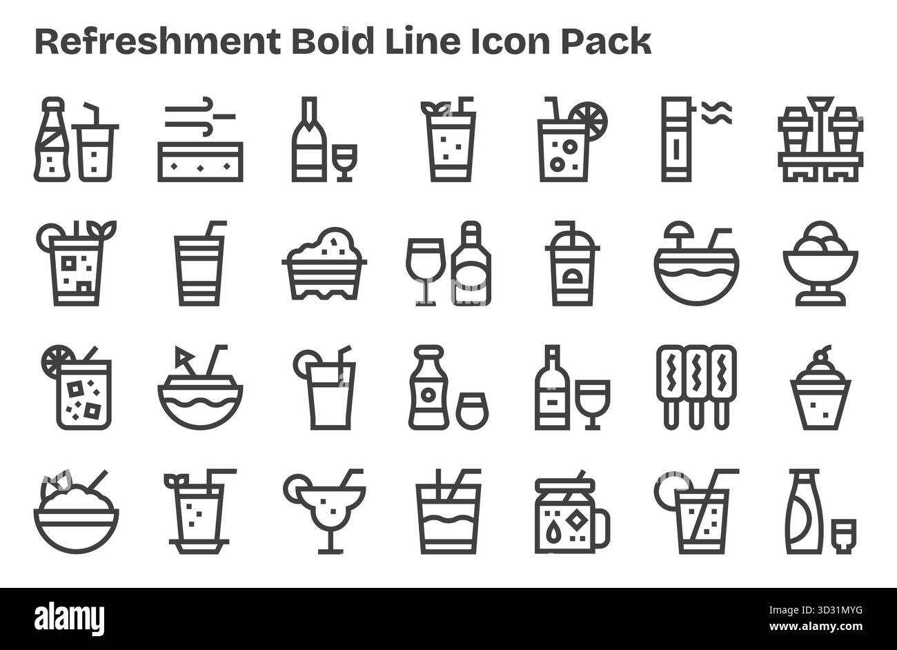 Questo pacchetto di icone Refreshment include 28 vettori Extra Bold Line, perfetti per migliorare le interfacce digitali. Illustrazione Vettoriale
