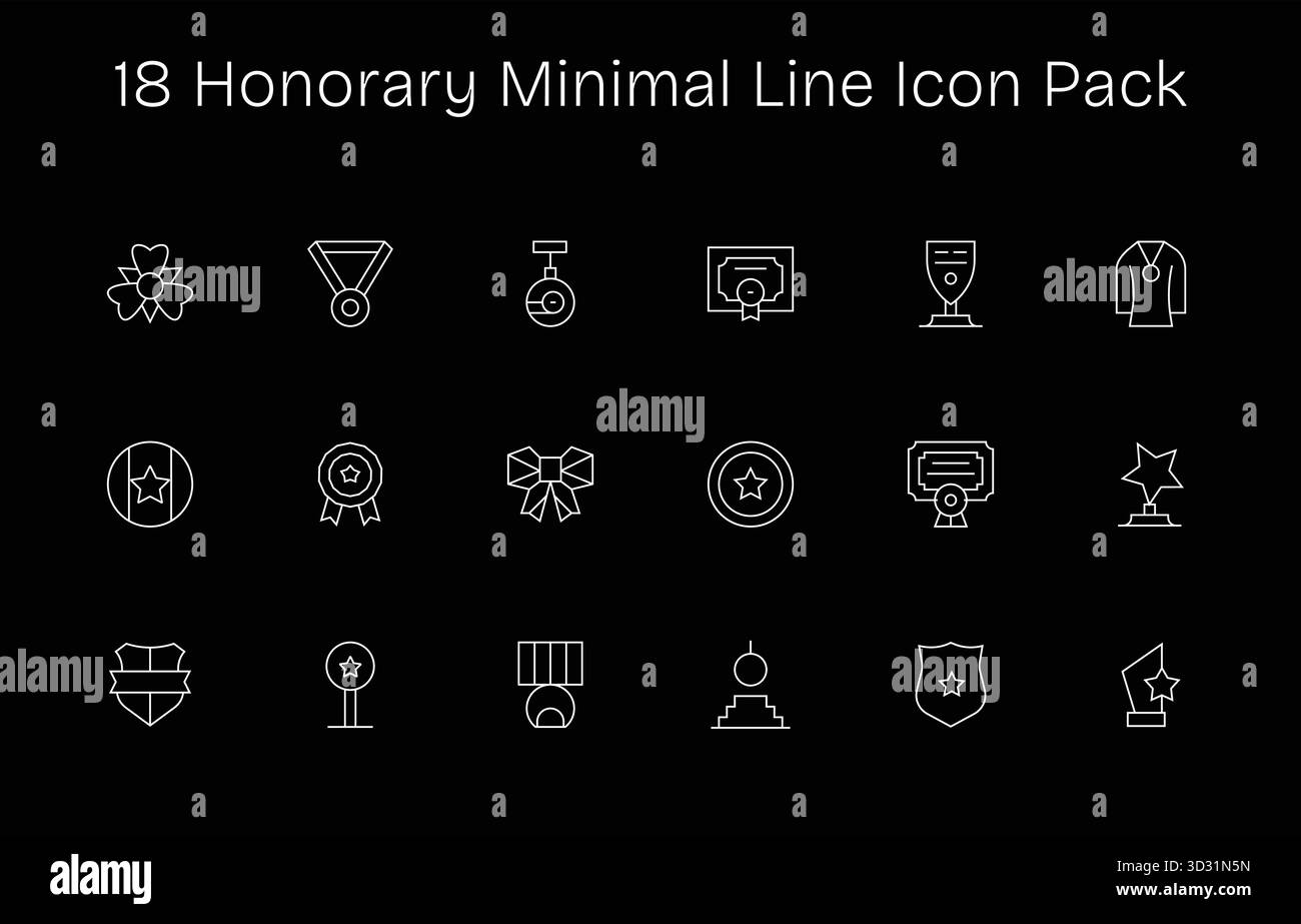 Una collezione pulita di 18 icone Minimal Line che rappresentano Honorary, progettate per dashboard e interfacce moderne. Illustrazione Vettoriale