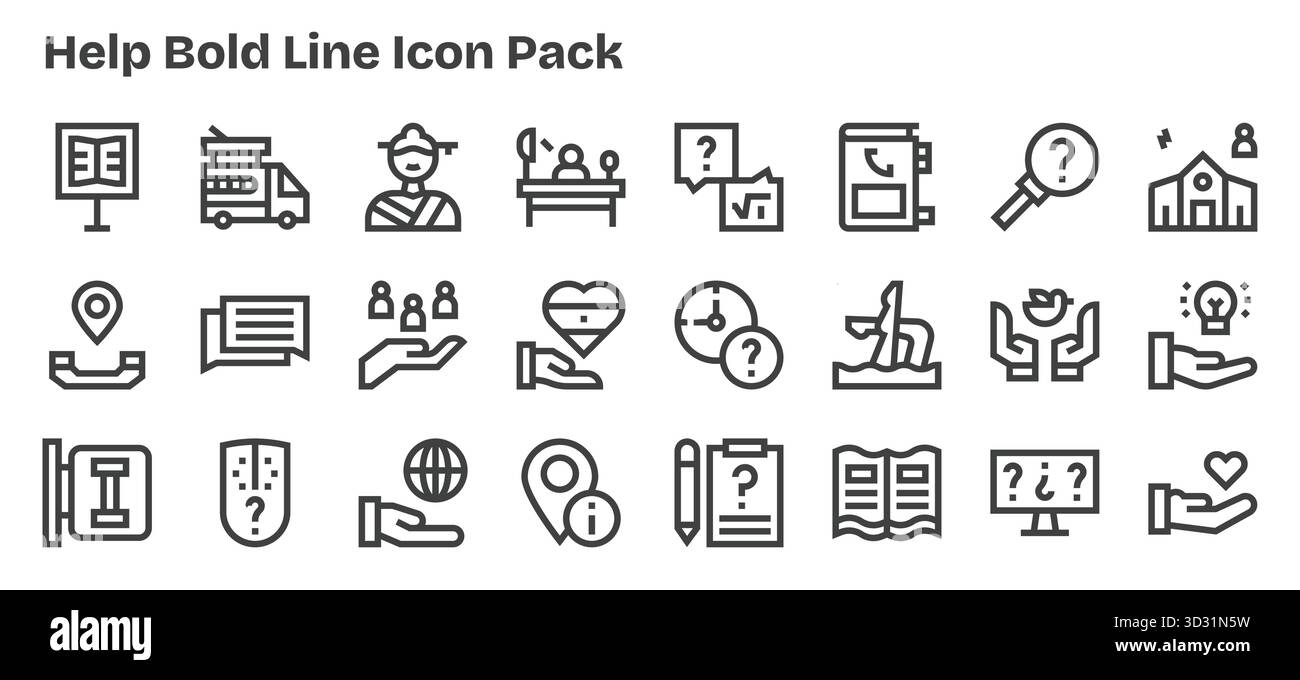Un set versatile di 24 icone vettoriali Bold Outline incentrate sulla guida, ideale per applicazioni mobili e Web. Illustrazione Vettoriale