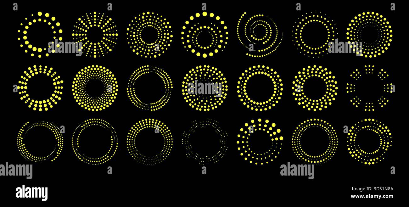 Motivi a ondulazione radiale a punti gialli con design a mezzitoni circolari per elementi grafici e sfondi digitali. Anelli concentrici, forme a spirale e forme a raffica in stile punteggiato per un arredo moderno. Illustrazione Vettoriale