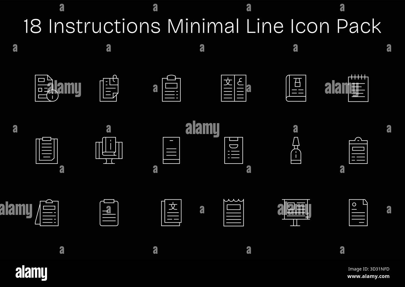 Un set versatile di 18 icone di vettore Minimal Line incentrate sulle istruzioni, ideale per applicazioni mobili e Web. Illustrazione Vettoriale
