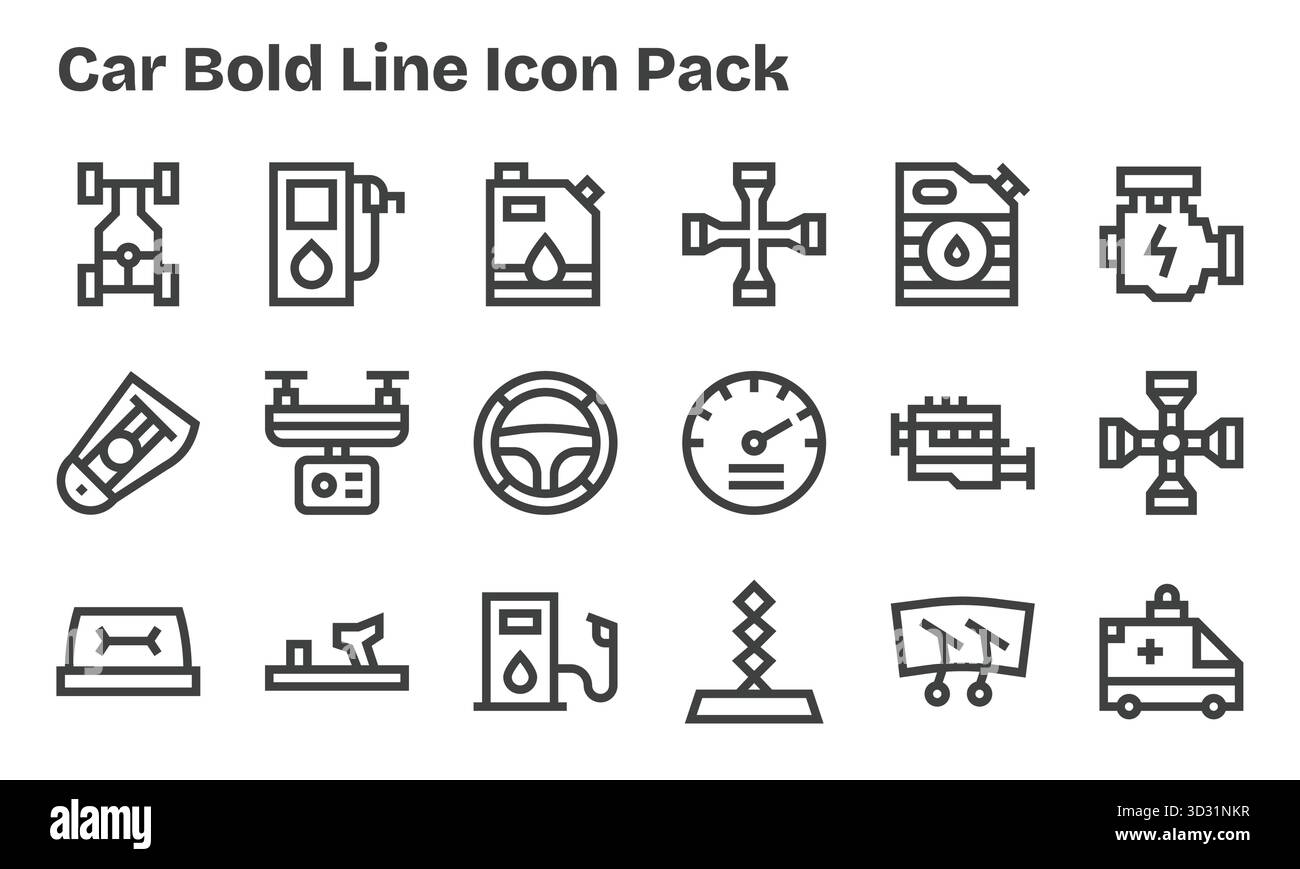 Una collezione pulita di 18 icone Bold Line che rappresentano l'auto, progettata per dashboard e interfacce moderne. Illustrazione Vettoriale