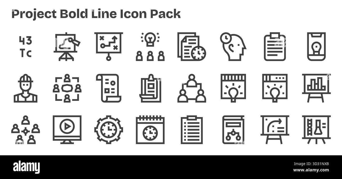 Una raccolta pulita di 24 icone Bold Outline che rappresentano Project, progettate per dashboard e interfacce moderne. Illustrazione Vettoriale