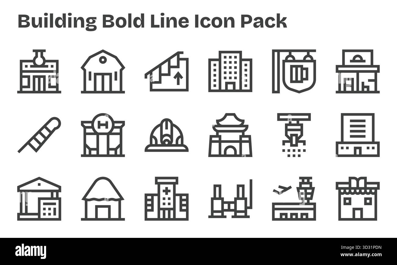 Collezione di 18 icone vettoriali in stile Bold Line per edifici, progettate per offrire chiarezza e versatilità. Illustrazione Vettoriale