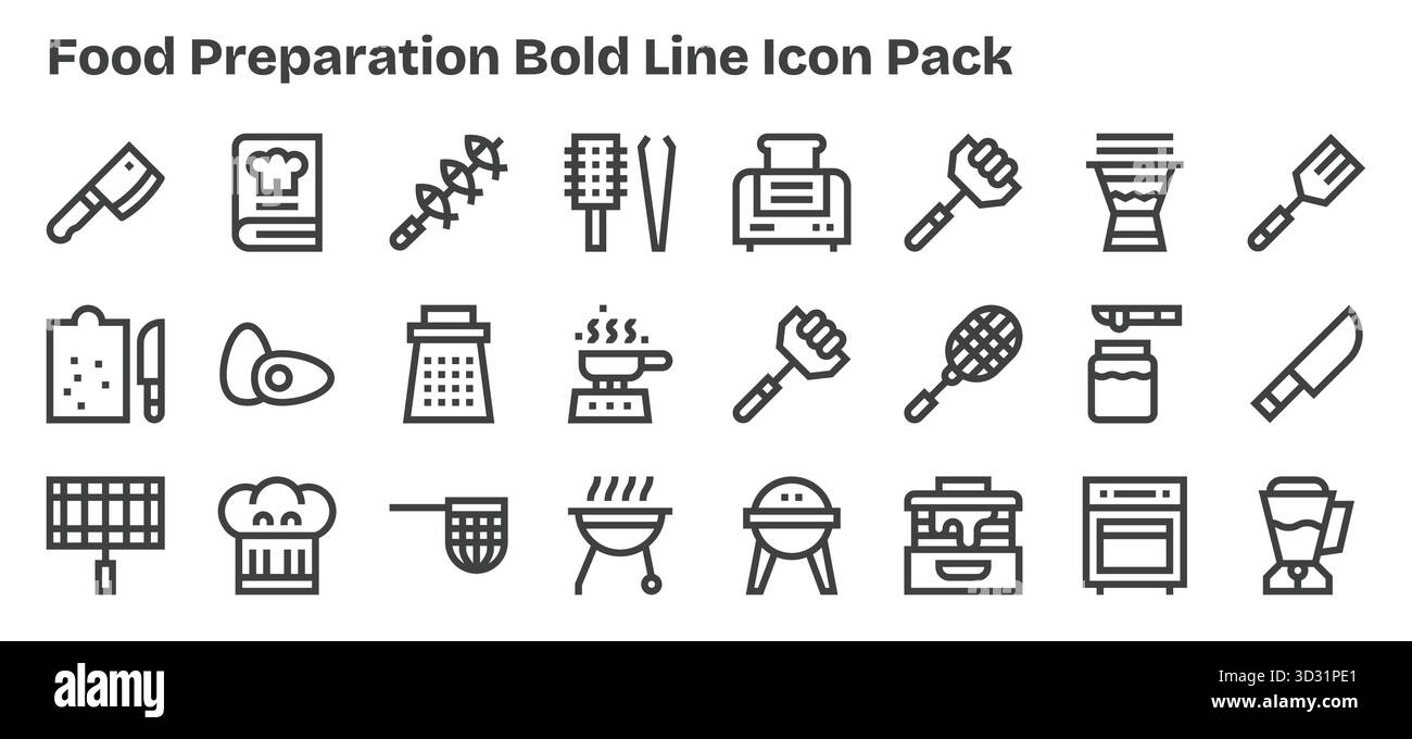 Confezione vettoriale con 24 icone Bold Outline ispirate alla preparazione degli alimenti, ideale per lavori di progettazione scalabili e creativi. Illustrazione Vettoriale