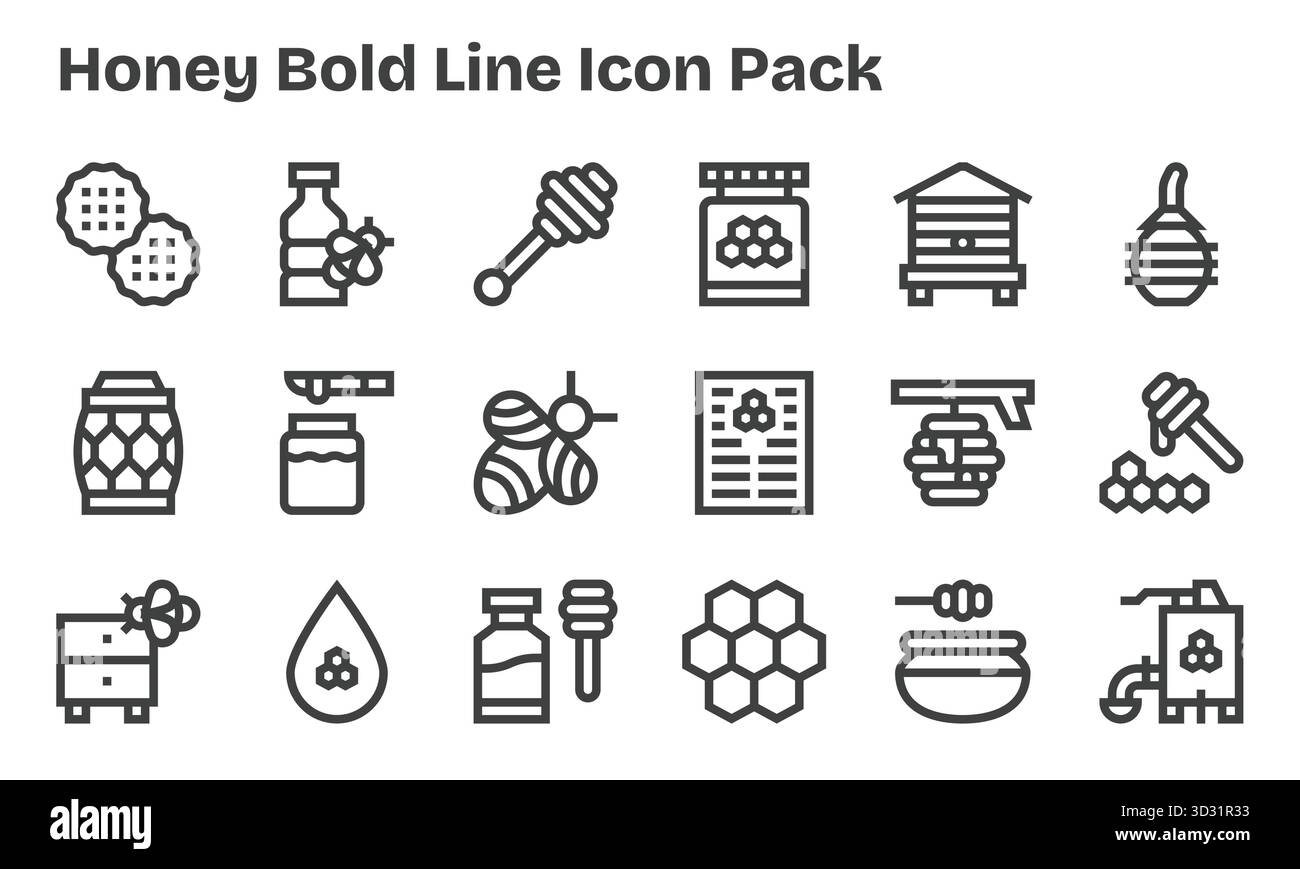 Set di 18 icone in stile Bold Line a tema Honey, create per una perfetta integrazione in app e siti Web. Illustrazione Vettoriale