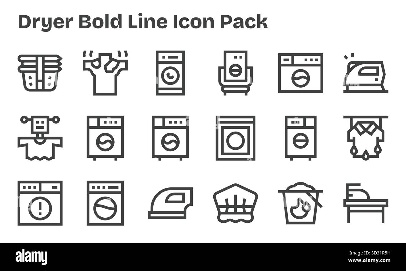 Un set versatile di 18 icone vettoriali Bold Line incentrate sull'essiccatore, ideale per applicazioni mobili e Web. Illustrazione Vettoriale