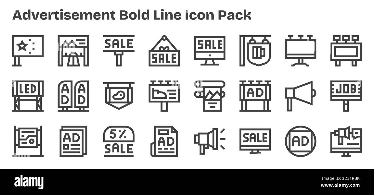 Una raccolta pulita di 24 icone Bold Outline che rappresentano la pubblicità, progettata per dashboard e interfacce moderne. Illustrazione Vettoriale