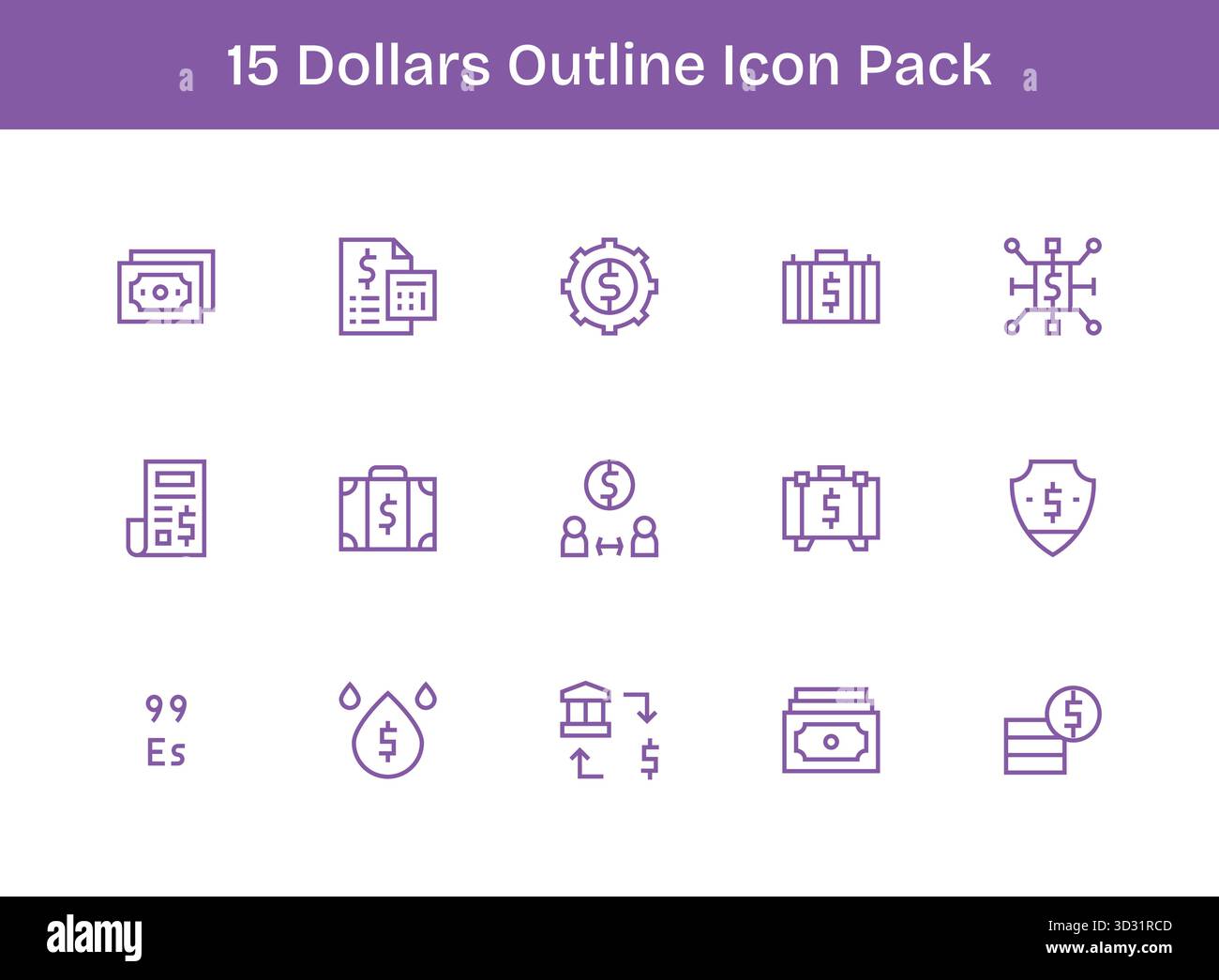 Questo set di 15 icone di contorno cattura temi di dollari, perfetti per applicazioni tecnologiche e aziendali. Illustrazione Vettoriale